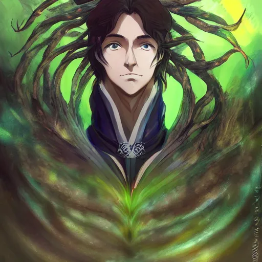 Image similar to portrait of druid biden as the master of the green winds of nature, anime fantasy illustration by tomoyuki yamasaki, kyoto studio, madhouse, ufotable, trending on artstation