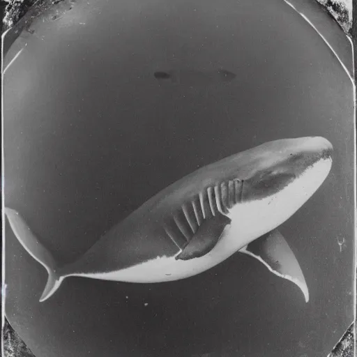 Image similar to underwater tintype photo of whale eating a shark