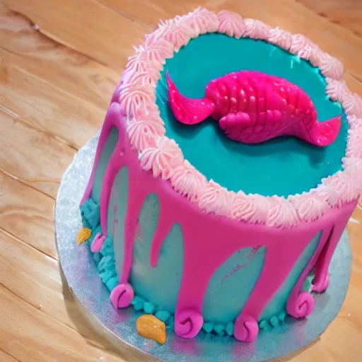 Image similar to angry mermaid themed birthday cake, food photography,