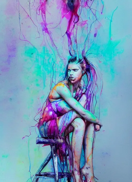 Image similar to adriana lima by agnes cecile, sitting on a stool, bent over posture, full body portrait, extremely luminous bright design, pastel colours, ink drips, autumn lights