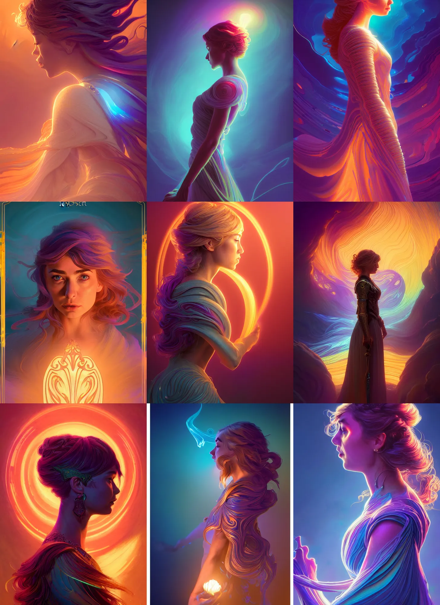 Prompt: side portrait!, imogen poots paladin, gloomhaven, soft, smooth, luminescent, art nouveau tarot, backlit glow, colorful swirly ripples, gaudy colors, aesthetic octane render, unreal engine, 8 k, by greg rutkowski, jesper ejsing, rhads, lois van baarle, ilya kuvshinov