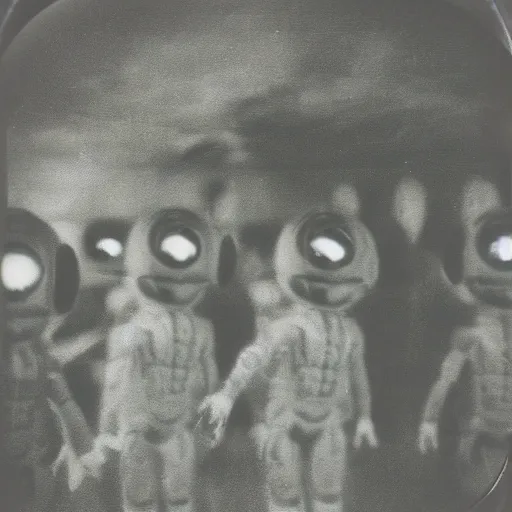 Image similar to polaroid photograph of horrorific alien beings visiting earth, 1 9 5 0