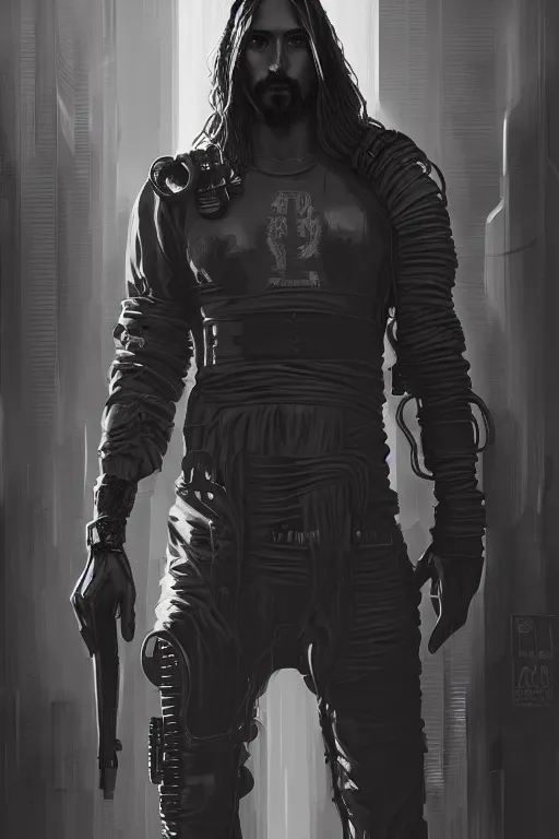 Image similar to a full length portrait of cyberpunk jesus, grim - lighting, high - contrast, intricate, elegant, highly detailed, digital painting, artstation, concept art, smooth, sharp focus, illustration