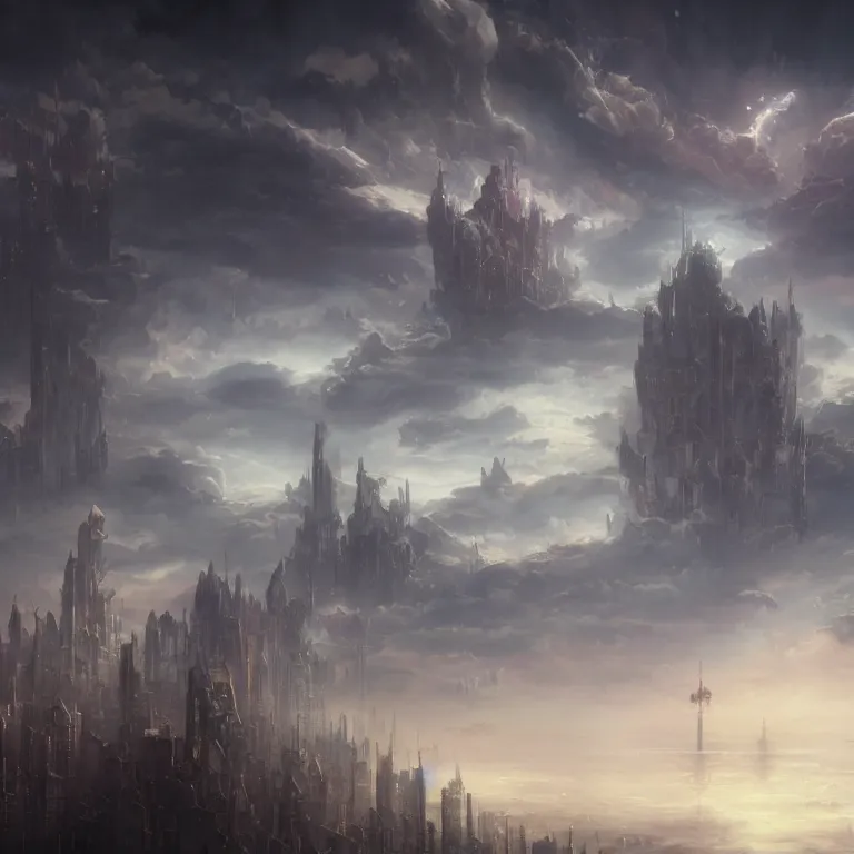 Prompt: huge city, floating city on clouds, by wayne barlowe, peter mohrbacher, kelly mckernan, epic scene, 4 k, dark fantasy, environment, unreal engine 5, detailed