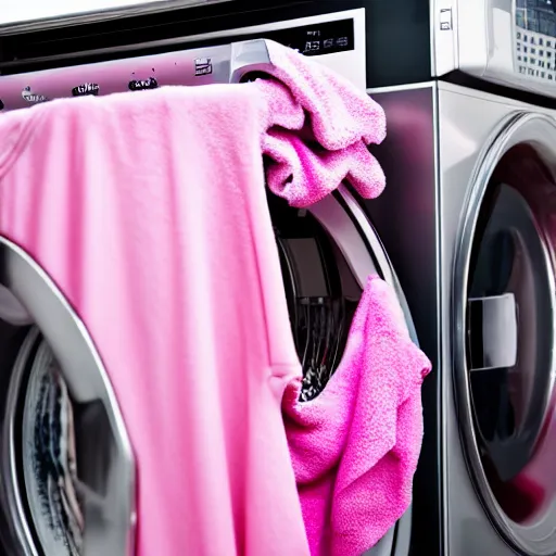 Prompt: photograph of pink clothes being washed in a washing machine. 8k resolution. hyperrealistic.