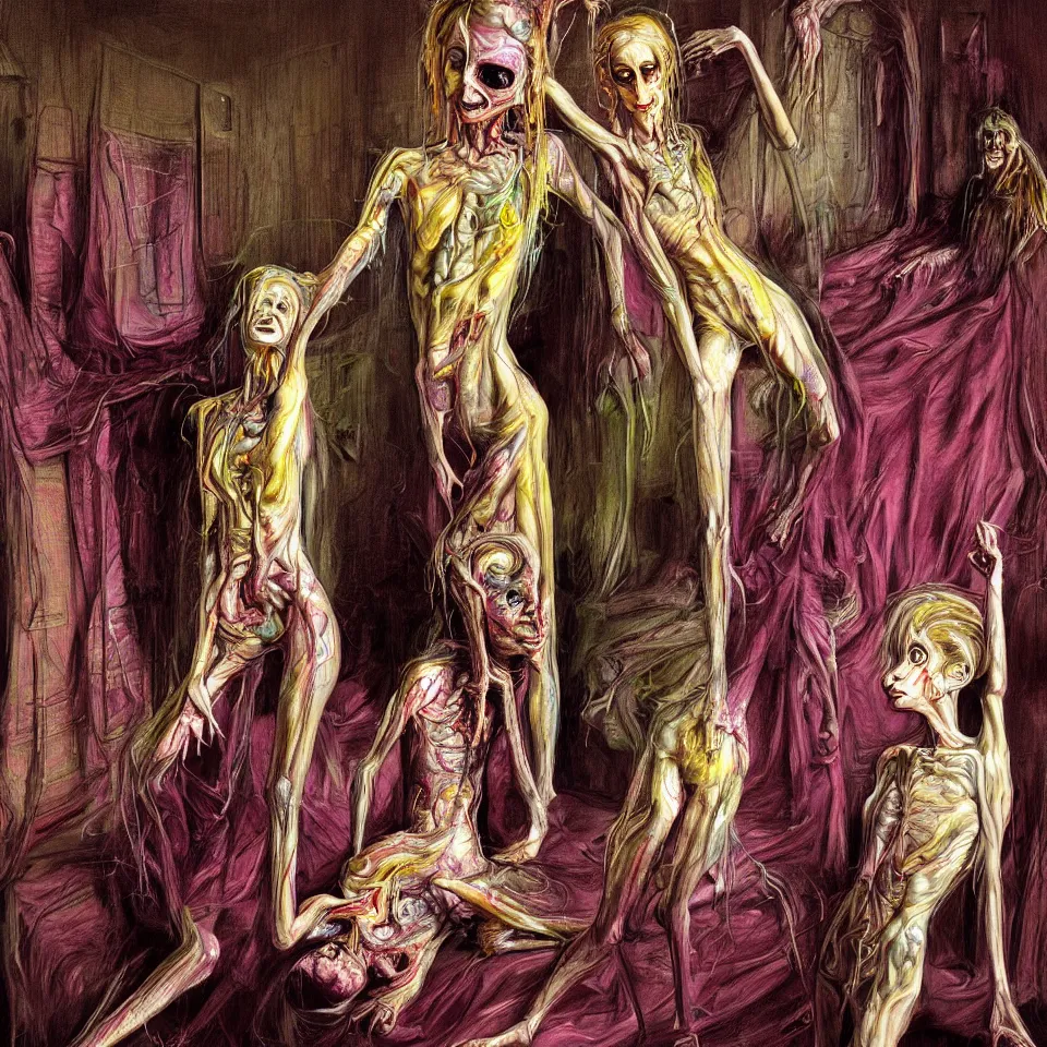 Image similar to bright psychdelic realistic anorexic cult turning into gods and deamons and smiling franticly, old apartment, rotten flesh, diffuse lighting, fantasy, intricate, elegant, highly detailed, lifelike, photorealistic, digital painting, artstation, illustration, concept art, smooth, sharp focus, art by francis bacon and jenny saville