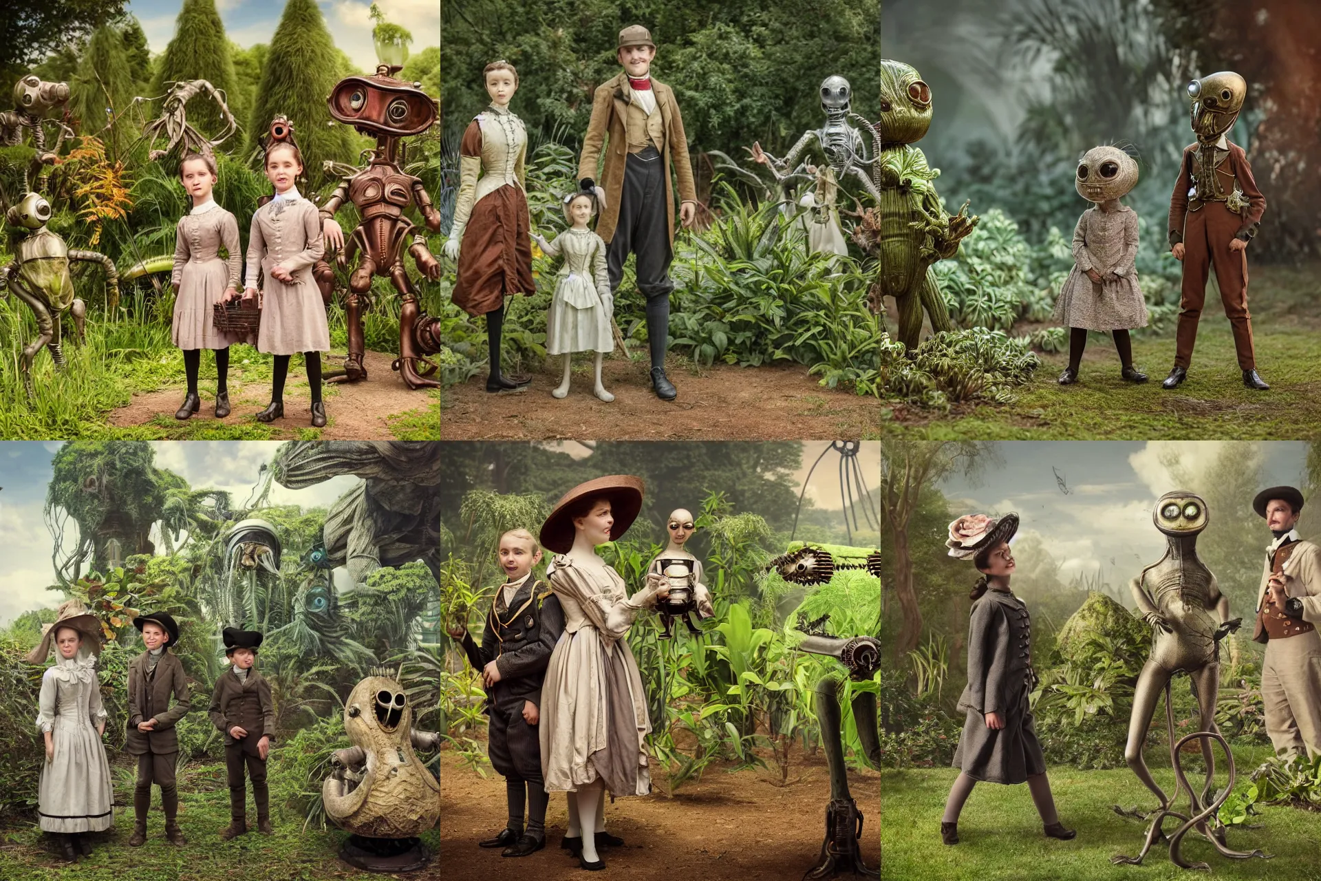 Prompt: detailed, sharp, a girl and a boy standing next to some alien plants, looking happy, wearing 1850s era clothes, their small pet alien creature is standing nearby, in a park on an alien planet, steampunk, extremely highly detailed, hyperrealistic, still from a period sci fi movie, 8k, HD, good lighting