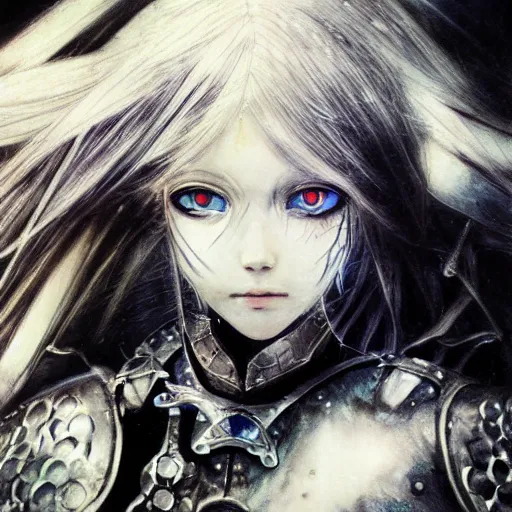 Prompt: Yoshitaka Amano realistic illustration of an anime girl with wavy white hair, black eyes with blue pupils and cracks on her face wearing Elden ring armour with the cape fluttering in the wind, abstract black and white patterns on the background, noisy film grain effect, highly detailed, Renaissance oil painting, weird portrait angle