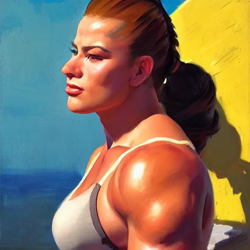 Image similar to greg manchess portrait of thick muscular weightlifter zarya from overwatch with ponytail wearing beach hat, medium shot, asymmetrical, profile picture, organic painting, sunny day, matte painting, bold shapes, hard edges, street art, trending on artstation, by huang guangjian and gil elvgren and sachin teng