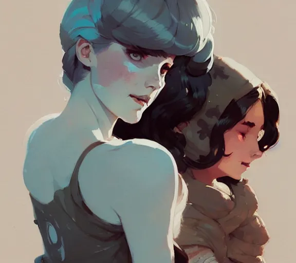 Prompt: portrait elza and anna by atey ghailan, by greg rutkowski, by greg tocchini, by james gilleard, by joe fenton, by kaethe butcher, dynamic lighting, gradient light blue, brown, blonde cream and white color scheme, grunge aesthetic