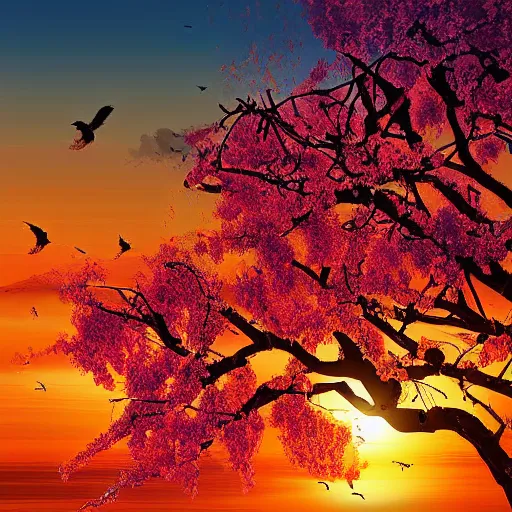 Image similar to birds on cherry tree, Changelingcore, serene, graceful, sunset photo at golden hour, Kodachrome, digital painting