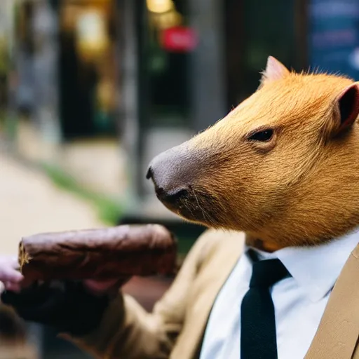 Image similar to smoking cigar, a man wearing a suit capybara head wearing a hat (smoking cigar)