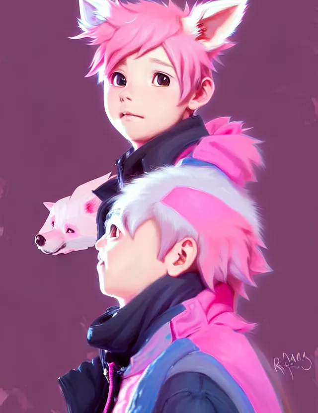 Prompt: portrait of a cute anime boy with pink hair and pink wolf ears and pink wolf tail wearing stylish clothes | | highly detailed digital art painting by ruan jia, cory loftis, jeremy mann. artstation, pinterest, volumetric lighting, subsurface scattering, photorealistic, octane render, random artists