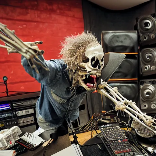 Prompt: an enraged cowboy skeleton man screaming into a microphone while kicking over piles of soda cans in a rundown radio station studio