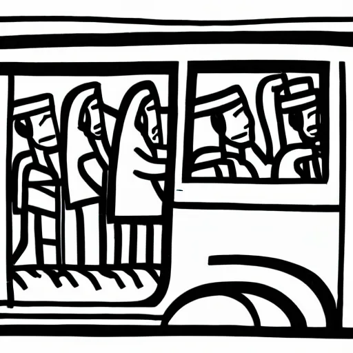 Prompt: orthodox jews in a bus on a hot summer by keith harring