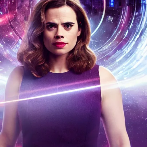 Image similar to a beautiful full body photograph of hayley atwell dressed as doctor who, time vortex in the background, symmetrical face, extreme realism and detail, 8 k, completely framed, direct lighting, 3 5 mm photo, photorealistic, sharp focus
