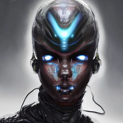 Image similar to dramatic portrait of a humanoid alien creature mixed android , futuristic headset, cyber punk style, highly detailed, digital painting, smooth, sharp, aggressive face, expressive eyes, digital painting, ultrarealistic, 4k, artstation, art by Neville Page and Daytoner