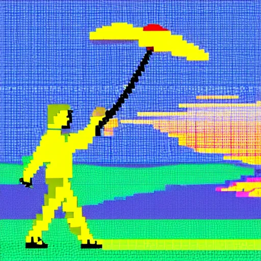 Image similar to a man walking with an umbrella at sunset, 8 - bit retro art
