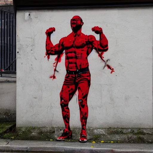 Image similar to Gigachad Muscular Red Forman Flexing, Urban Graffiti Banksy, Bordalo, trending on artstation