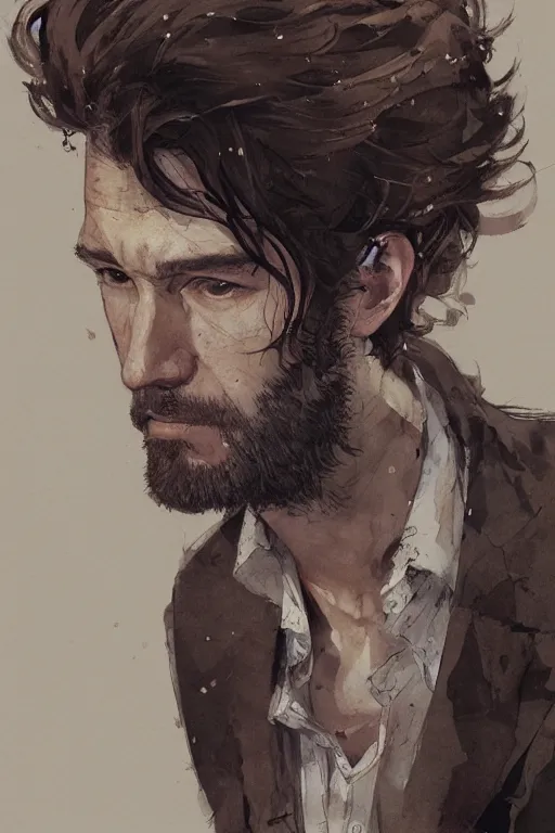 Prompt: highly detailed realism portrait of Klaus Hargreeves with wavy walnut hair, by Dustin Nguyen, Akihiko Yoshida, Greg Tocchini, Greg Rutkowski, Cliff Chiang, 4k resolution, European ink painting
