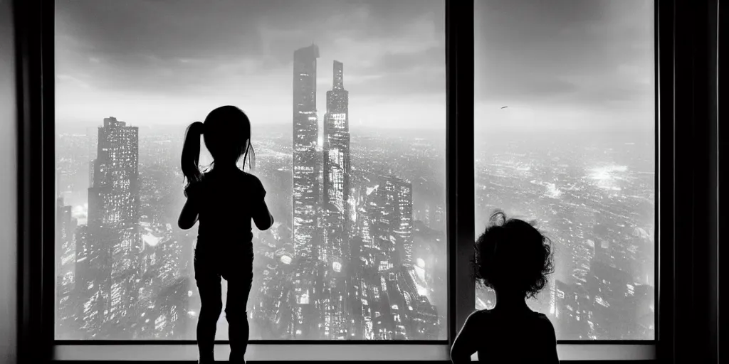 Image similar to overlooking on night city cyberpunk from floor to ceiling window, one little girl, beautiful hair at the back, looking out the window, liminal, cinematic, dreamscape