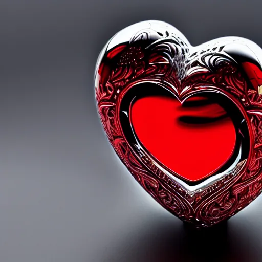 Image similar to a chrome carved heart, highly detailed, red atmosphere, intricate artwork, graphic style of Patrick Gleason very coherent symmetrical artwork, depth of field, bokeh