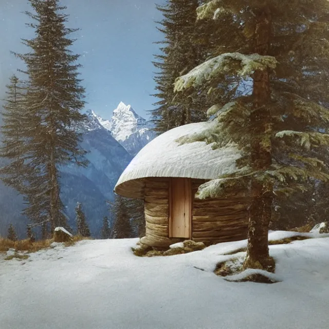 Image similar to a small hut with a pointed wooden roof, a round window, behind 3 large fir trees, in the background the swiss alps, artem demura