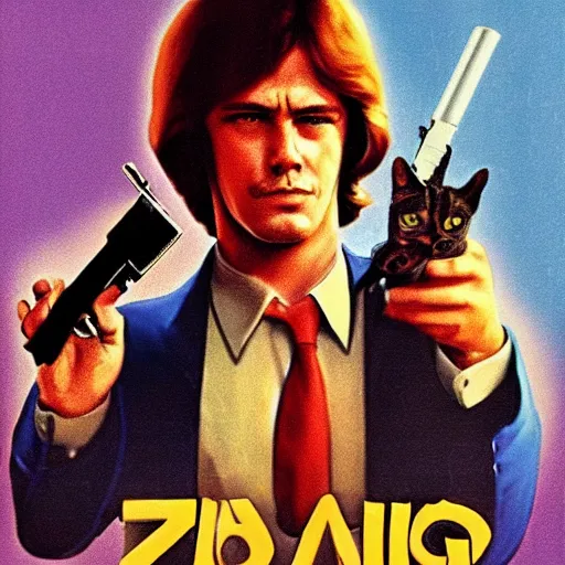 Prompt: movie poster for a 7 0 s s action film where the main character is a cat holding a gun, high detail portraits