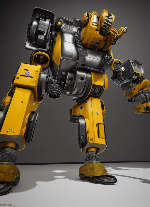 Image similar to a photorealistic dramatic hyperrealistic render of a futuristic exosuit power loader heavy machinery, ultra realistic details, glossy yellow, well worn, rust, oil stains by vitaly bulgarov and mike nash, beautiful dramatic dark moody tones and lighting, cinematic atmosphere, studio lighting, global illumination, shadows, dark background, octane render, 8 k