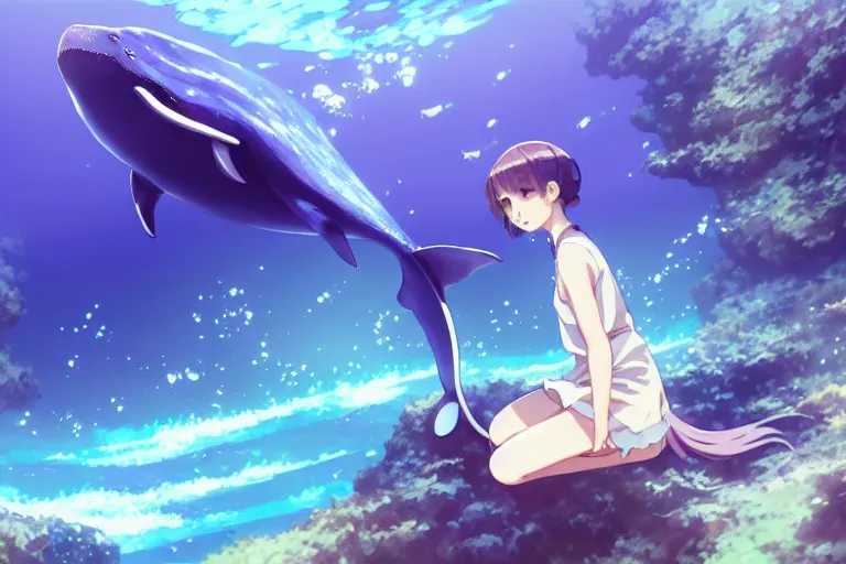 Image similar to a panorama distant view under the water, underwater world, anime art full body portrait character concept art, hyper detailed cg rendering of a cute girl and whale, anime key visual of violet evergarden, finely detailed perfect face, style of raphael lacoste, makoto shinkai, violet evergarden, studio ghibli, james jean, hayao miyazaki, extremely high quality artwork