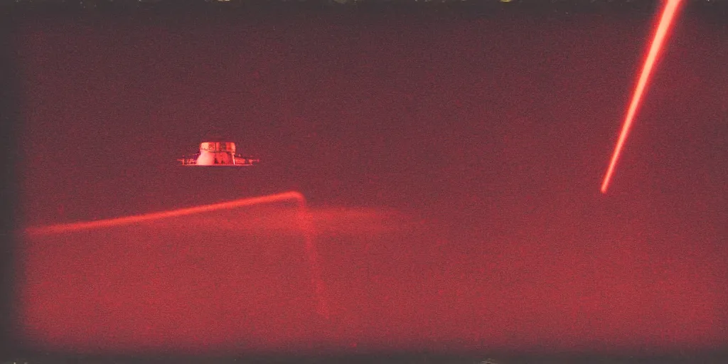 Prompt: analog vintage photography portrait polaroid of ufo's firing lasers in the sky over new york, low perspective, lensflare, red color bleed, heavy film grain, bloom, glow