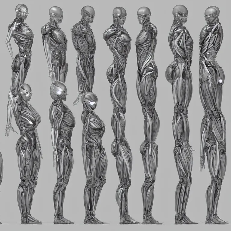 Image similar to symmetry!! human anatomy with cybernetic implants, gun metal grey, mecha, three - perspective / three - view reference sheet ( front / back / side ), muscles reference art, bionic, digital art, in the style of amanda lilleston, luka mivsek, bryan christie, artstation, pinterest, deviantart, photoshop, unreal engine