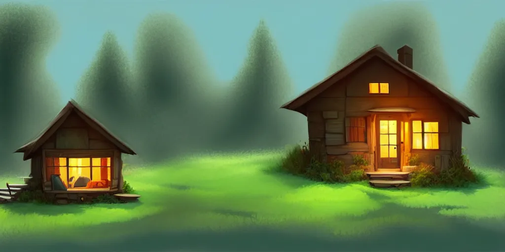 Image similar to a cozy little house in the woods, relaxing, concept art by scott zenteno