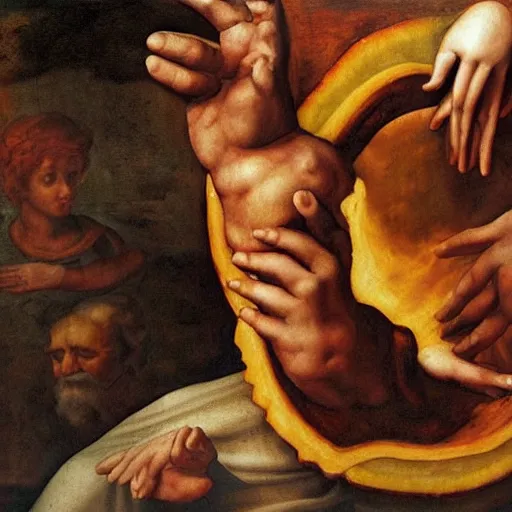 Prompt: God's disembodied hand is carrying flan behind all of us, painting by Michaelangelo, detailed, 4k
