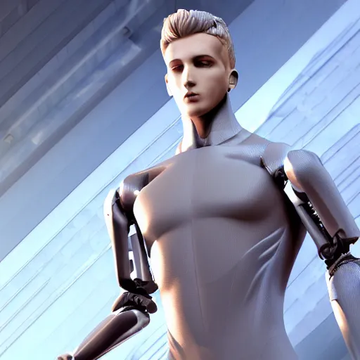 Image similar to a realistic detailed photo of a guy who is an attractive humanoid who is half robot and half humanoid, who is a male android, attractive and handsome soccer players, shiny skin, posing like a statue, blank stare, in a factory, on display, showing off his muscles, wearing soccer shorts, side view, looking at each other mindlessly