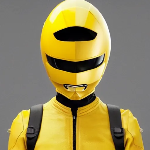 Image similar to symmetry!! yellow ranger, thunderbolt - helmet!!, artstation, art by murata, art by oda echiiro, art by tatsuki fujimoto, lightning helmet, 3 d, jumpsuit, gloves, futuristic poster,