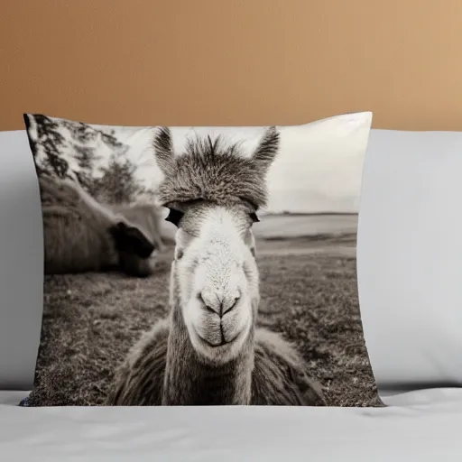 Prompt: a body pillow with a picture of a llama on it