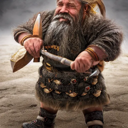 Prompt: Photorealistic photograph of dwarf warrior with axe by Suzi Eszterhas, photorealism, photorealistic, realism, real, highly detailed, ultra detailed, detailed, f/2.8L Canon EF IS lens, Canon EOS-1D Mark II, Wildlife Photographer of the Year, Pulitzer Prize for Photography, 8k