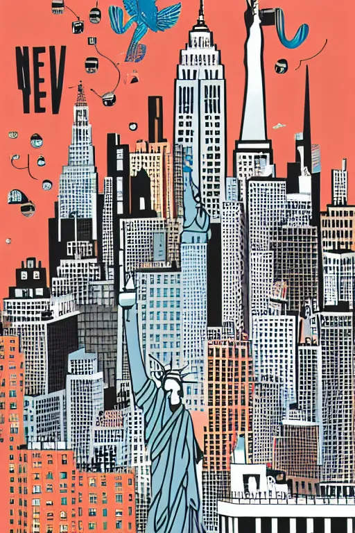 Prompt: new york, illustration, in the style of katinka reinke