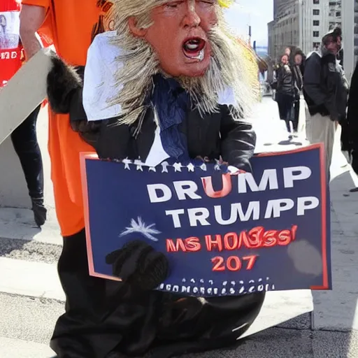 Prompt: donald trump dressed as a homeless man asking for money on the streets, detailed face