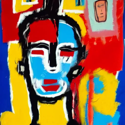 Image similar to basquiat style painting of a girl with hand over face