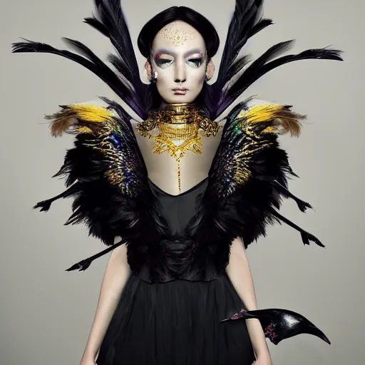 Prompt: a hyperrealistic portrait of a fierce proud queen of ravens, in a black dress with a collar made of iridescent feathers and golden adornments, geometrical background, intricate details, by zhang jingna and soey milk and amir ershadi and anja millen