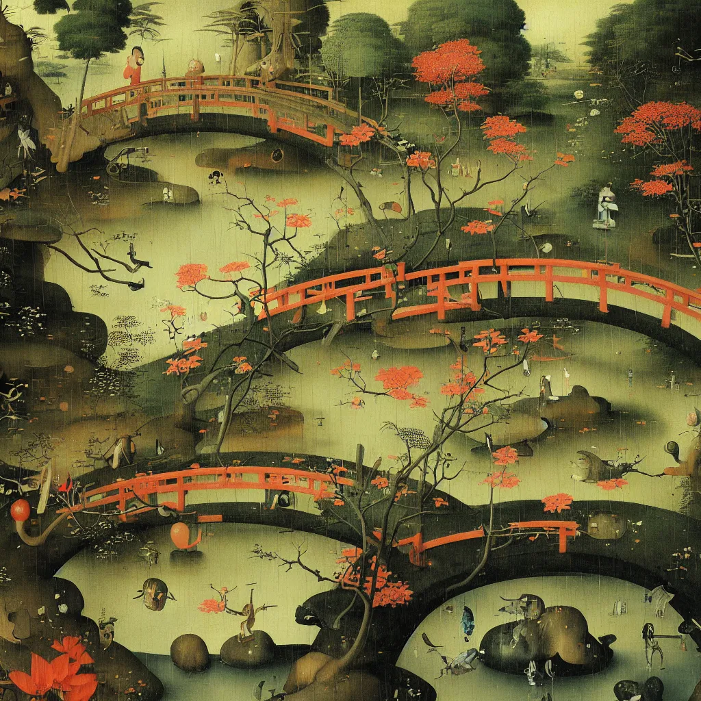 Image similar to Japanese Garden with bridge by Hieronymus Bosch and James Jean, Ross Tran, surreal oil painting, highly detailed, dream like, masterpiece