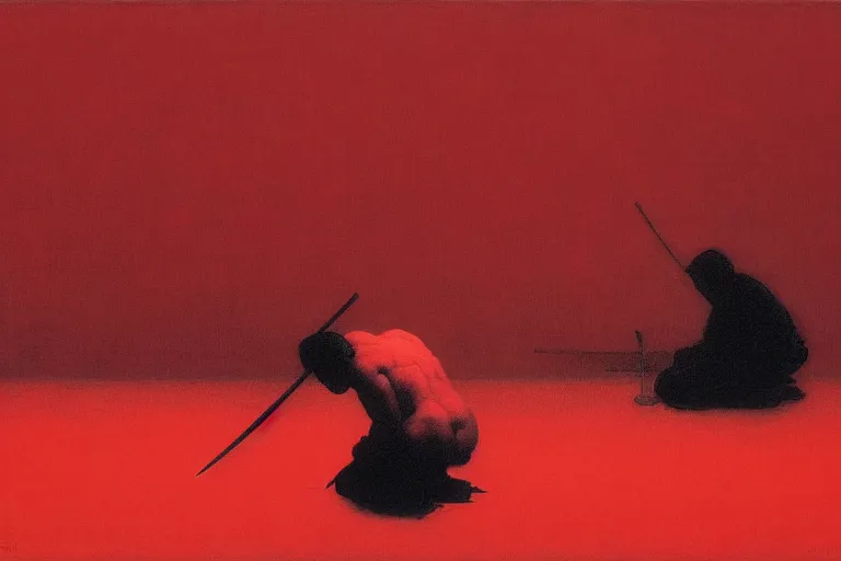 Image similar to only with red, a red samurai do seppuku, tokio, a lot of frogs watch, in the style of beksinski, parts by edward hopper, parts by rodcenko, parts by yue minjun, intricate and epic composition, red by caravaggio, insanely quality, highly detailed, masterpiece, red light, artstation, 4 k