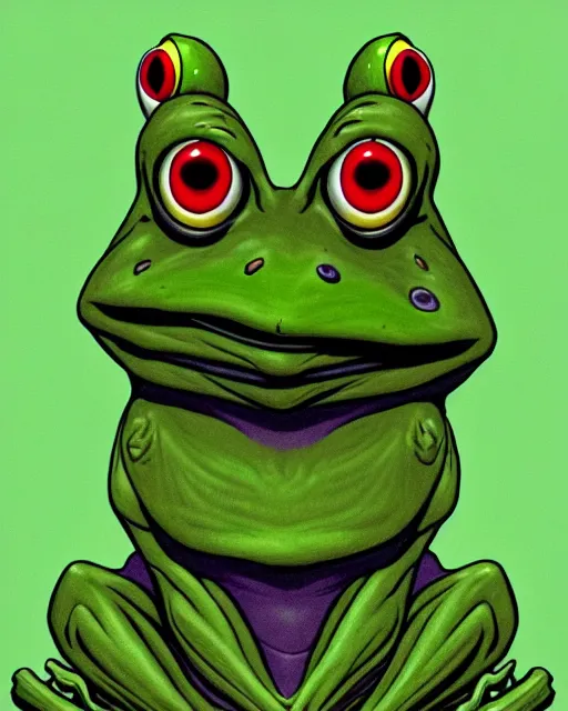 Prompt: sinister old frog character portrait, by don bluth, highly detailed, dynamic shadows, 4 k, wallpaper - 1 0 2 4