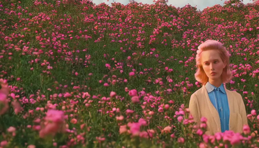 Image similar to , movie still by wes anderson of a beautiful girl wearing gucci exploring a magical field of flowers, glowing temple in the distance, cinestill 8 0 0 t eastmancolor technicolor, high quality, very detailed, heavy grain, fine facial features, 8 k, octane render