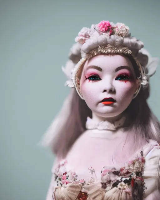 Prompt: high quality presentation photo of bjork as a porcelain doll, photography 4k, f1.8 anamorphic, bokeh, 4k, Canon, Nikon