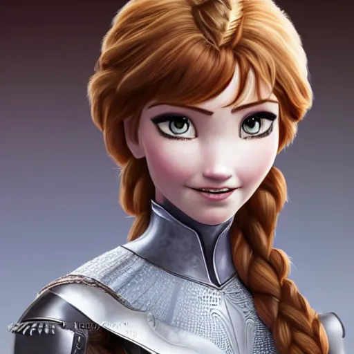 Prompt: head and shoulders portrait of a female knight, anna, frozen, by artgerm, face detail, extremely detailed, photo