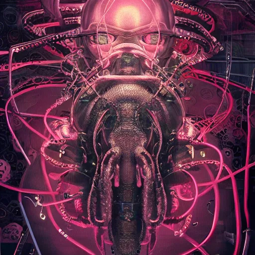 Image similar to portrait of a squid monster. intricate abstract. cyberpunk, intricate artwork. neon eyes, by Tooth Wu, wlop, beeple. octane render, trending on artstation, greg rutkowski very coherent symmetrical artwork. cinematic, hyper realism, high detail, octane render, 8k, minimalistic, hyperrealistic surrealism, award winning masterpiece with incredible details, a surreal vaporwave liminal space, highly detailed, trending on ArtStation