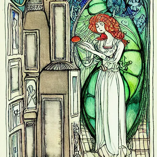 Prompt: a feminine alchemical illustration drawn and painted by Carl Jung, detailed penciling, watercolor, pen and ink,